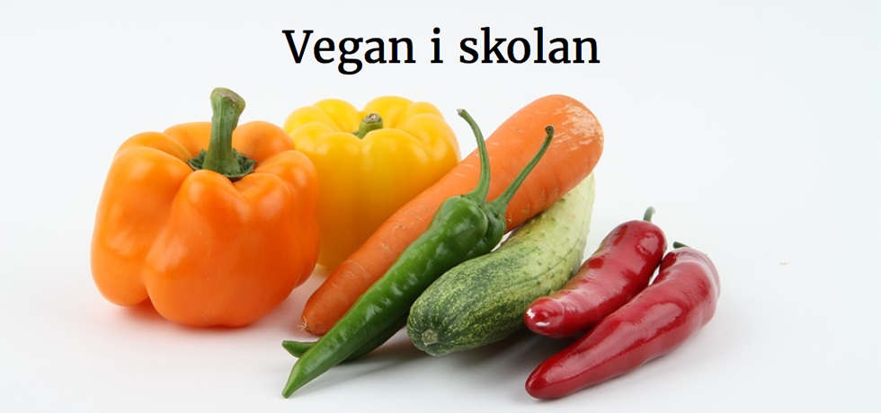 Grönsaker med texten "Vegan i skolan" ovanför