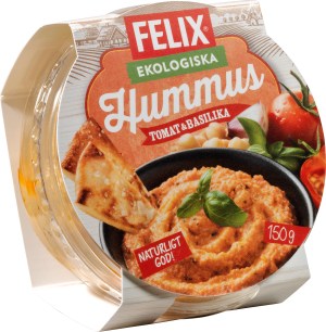 Förpackningen till Felix Hummus Original, rund plast med kartong rund i orange färger