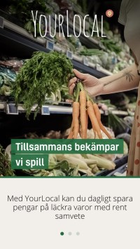 Mobilvy över appen Your Local med bild över ett knippe morötter med texten "Tillsammans bekämpar vi spill".