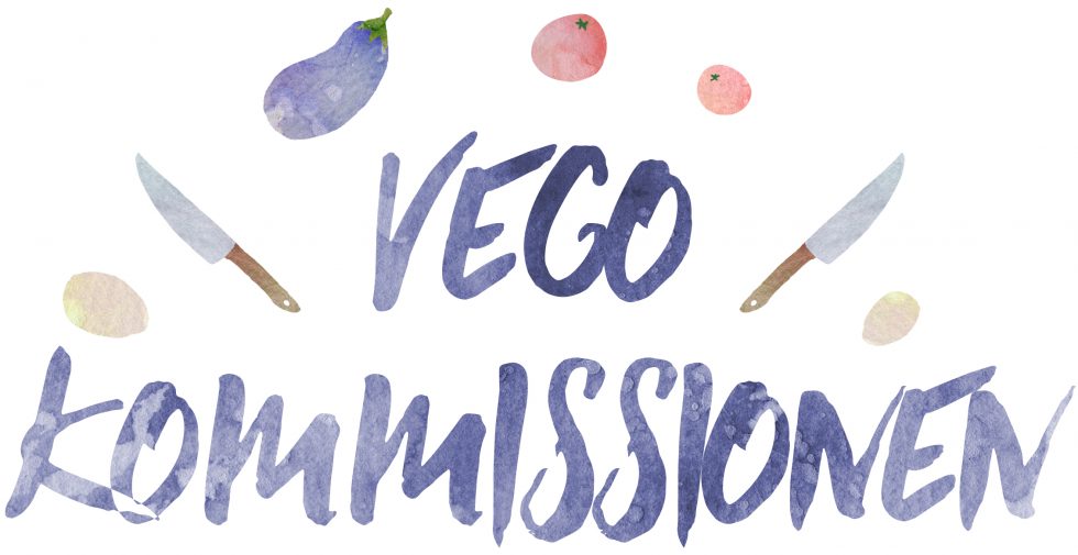 Vegokommissionens logga, versaler i blått med illustrerade knivar och grönsaker runt