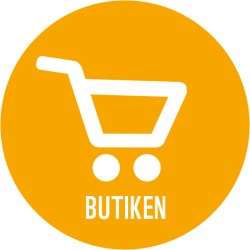 Gul cirkel med en vit kundvagn i med texten BUTIKEN under, skrivet i versaler