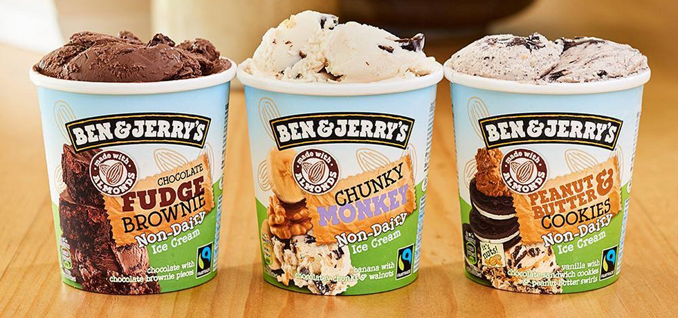 Tre stycken Ben & Jerry's på rad, märkta mjölkfria