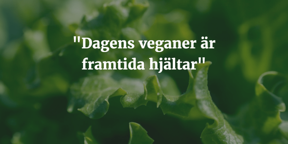 Salladsblad tonat med texten "Dagens veganer är framtida hjältar" i vitt över