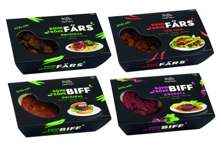 Fyra stycken förpackningar, rektangulära i svart med vit innehållstext om produkterna Färs och Biff