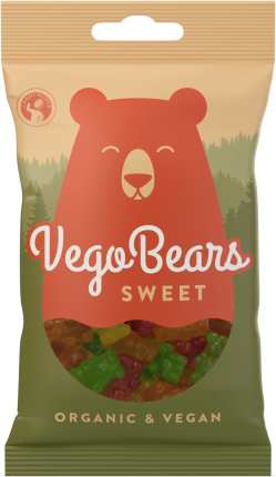 Godispåse med illustrerad björn i rostrött och texten Vego Bears Sweet i vitt på