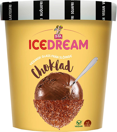 Gul cylinderformad förpackning med texten ICEDREAM Choklad