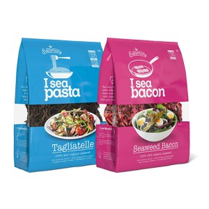 Turkos och rosa förpackning med I sea pasta och bacon