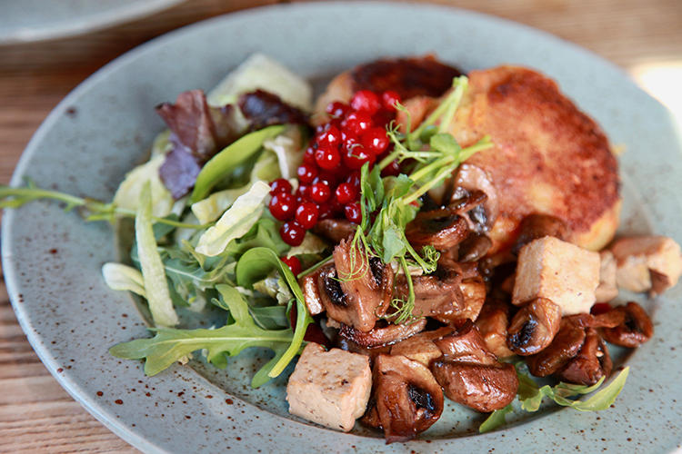 Potatisbullar med svamp, tofu, sallad och lingon på grå tallrik