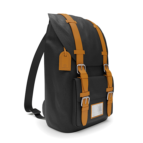 Svart ryggsäck med bruna remmar i skinnimitation