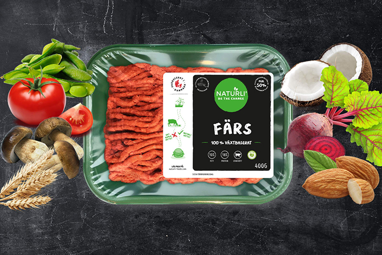 Förpackning med färs i, grönsaker på sidorna