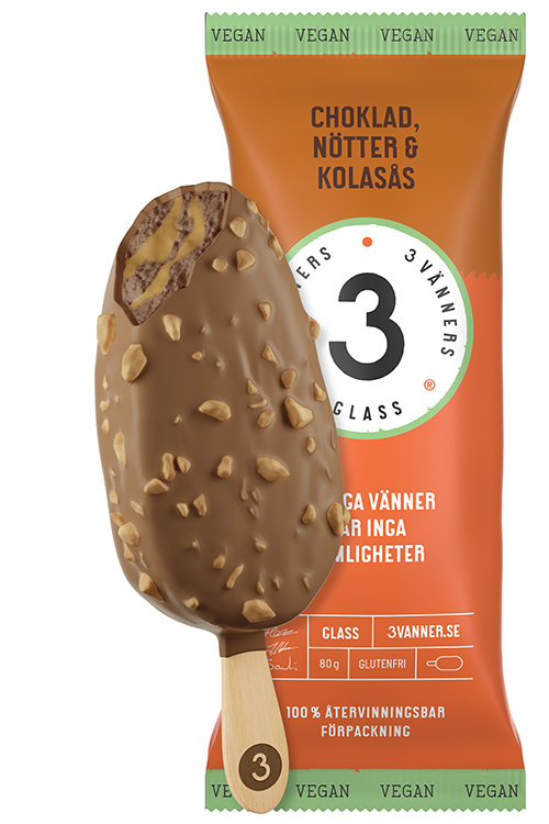 Chokladöverdragen pinnglass med förpackningen i bakgrunden