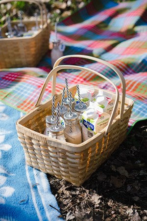 Picknickkorg på filt med flaskor med sugrör i samt tre Alproförpackningar