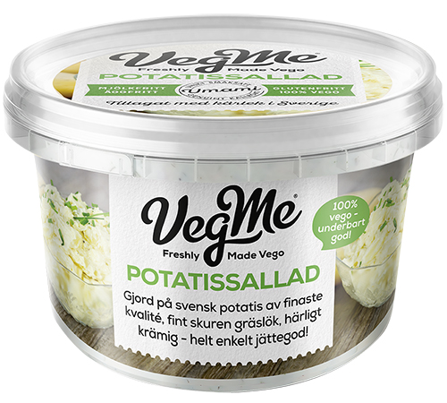 Rund plastförpackning med texten Vegme potatissallad