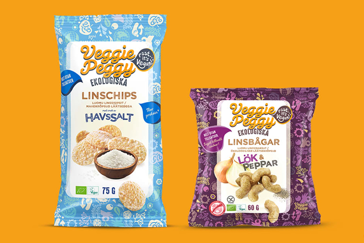 Två snackspåsar med namnet Veggie Peggy