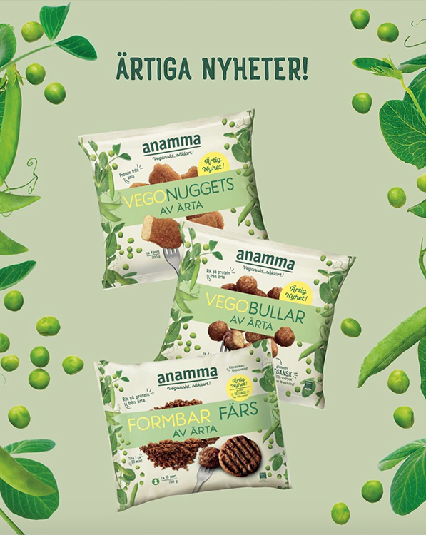 Produktförpackningar av Anammas tre produkter ur serien Ärta