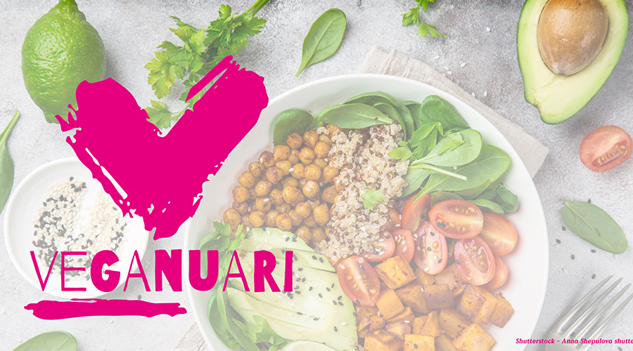 En tonad bild med en tallrik med vegetarisk mat på. Till vänster ett stort V med texten VEGANUARI i rosa