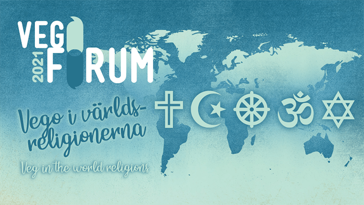 Texten Vegoforum Vego i världsreligionerna mot en tecknad världskarta med religösa symboler