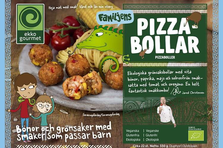 Förpackning med bild på grönsaksbollar på en tallrik och texten PIZZABOLLAR