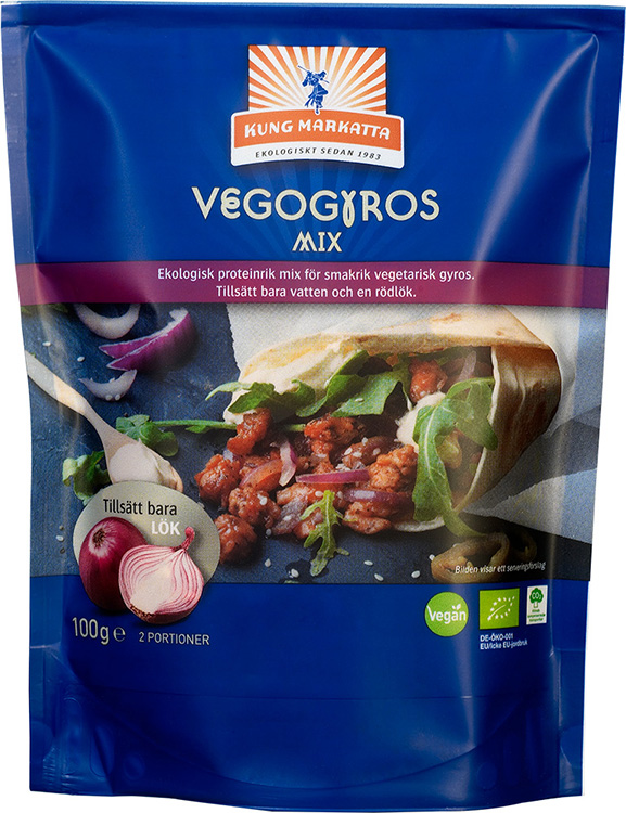 En blå förpackning med texten Vegogyros i vitt