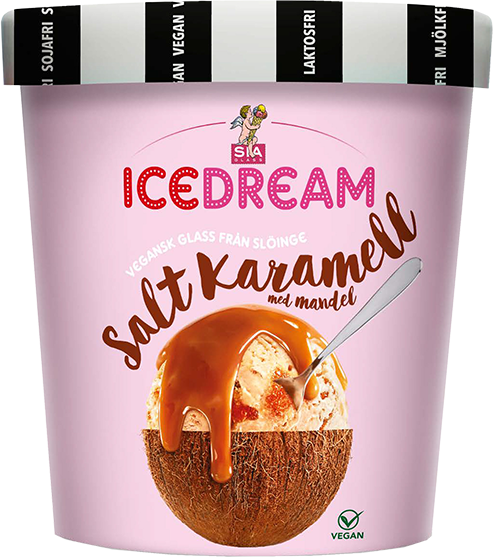 Rosa cylinderformad förpackning med texten ICEDREAM Saltkaramell