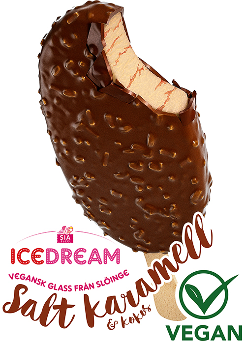 Glasspinne med chokladöverdrag och texten Salt karamell vegan