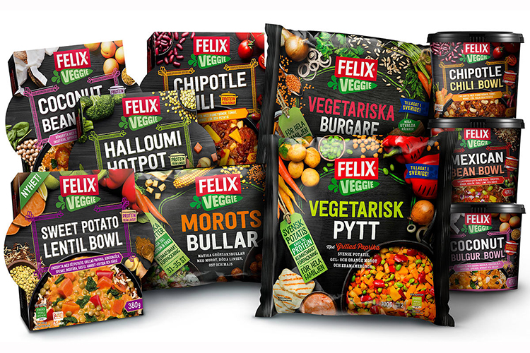 Flera stycken Felix färdigrätter-förpackningar uppradade vid varandra.
