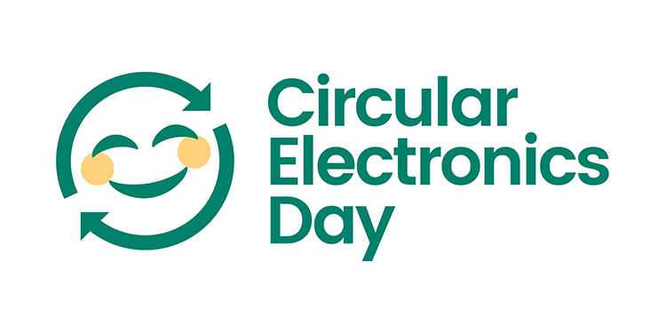 Två pilar bildar en cirkel med ett ansikte i, bredvid texten Circular Electronics Day