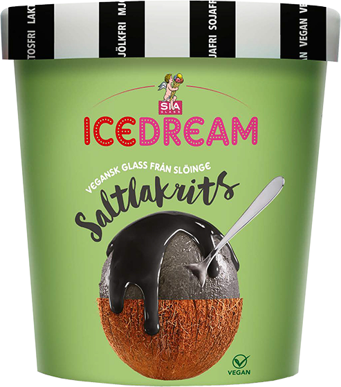 Grön cylinderformad förpackning med texten ICEDREAM Saltlakrits