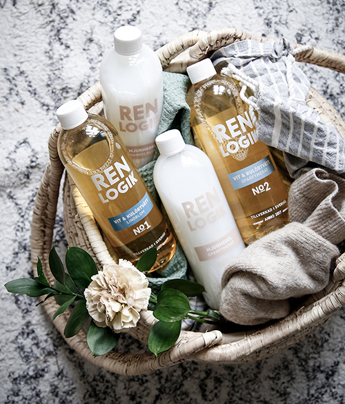 Plastflaskor i en korg med texten REN LOGIK