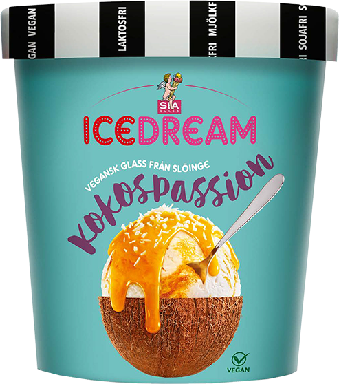 Turkos cylinderformad förpackning med texten ICEDREAM Kokospassion